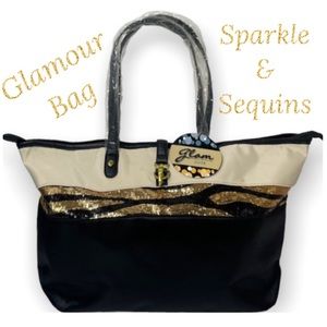 Large Luxury Tote Sequin Shoulder Bag Glam Travel Geometric Black Metallic Gold